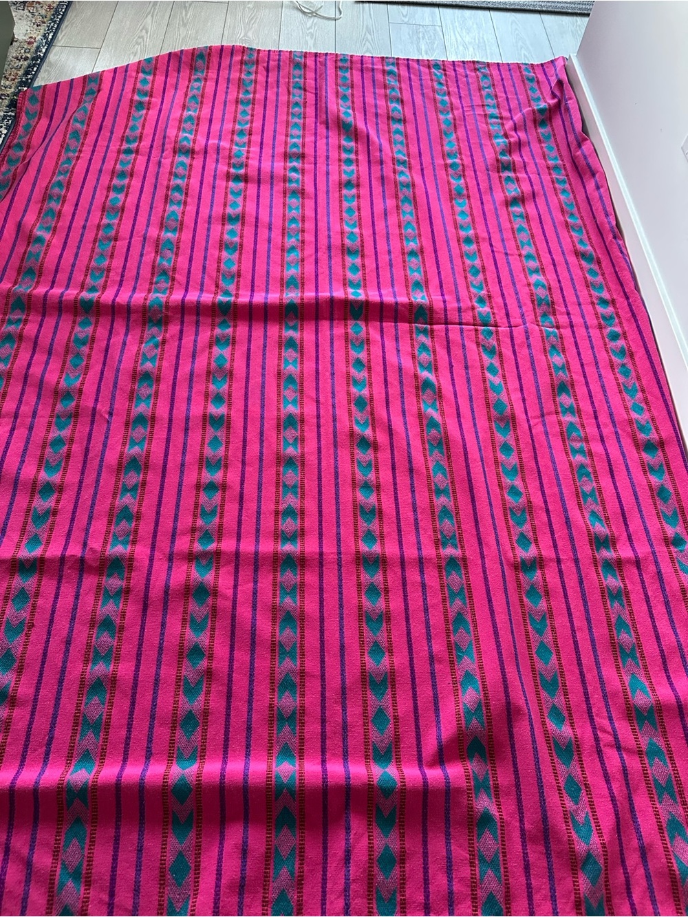 Vintage handwoven Bright Pink Striped Tablecloth with Teal Accent 90x68
